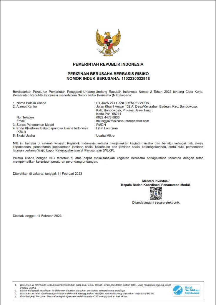 NIB 1102230032918 document for PT Java Volcano Rendezvous (PDF)